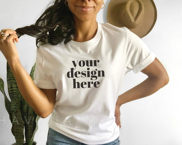 Black Model Mockup, Bella Canvas Mockup, Bella Canvas 3001 White, White T-Shirt Model Mock up, Black Woman Mockup, Boho Model Mockup - 1.jpg