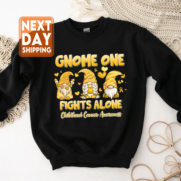 Gnome One Fight Alone Sweatshirt, Childhood Cancer Shirt, Motivational Hoodie, Gold Ribbon Crewneck, Cancer Support Tee - 1.jpg