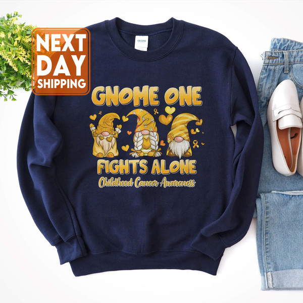 Gnome One Fight Alone Sweatshirt, Childhood Cancer Shirt, Motivational Hoodie, Gold Ribbon Crewneck, Cancer Support Tee - 4.jpg