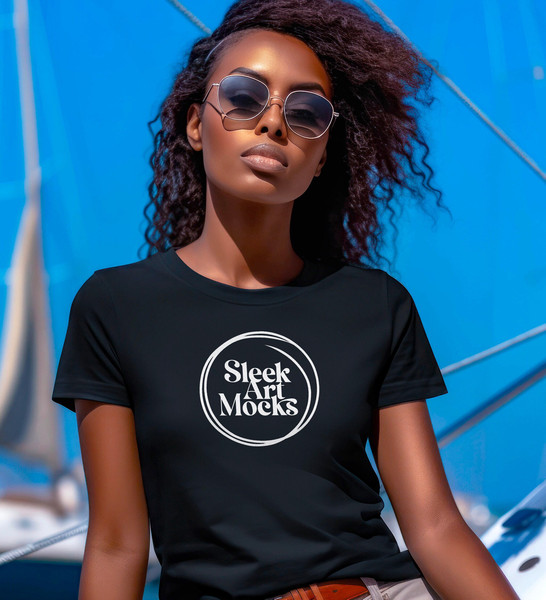 Mockup of a Woman wearing a Black Bella Canvas 3001 T-shirt, Female Model, Girl Styled Shirt Mockup, Nautical Tshirt w sailboat background - 1.jpg