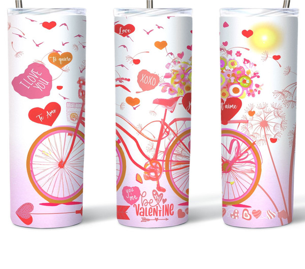 Valentine Pink Bicycle Hearts Dandelion & Floral Tumbler, Valentine Skinny Tumbler.Jpg