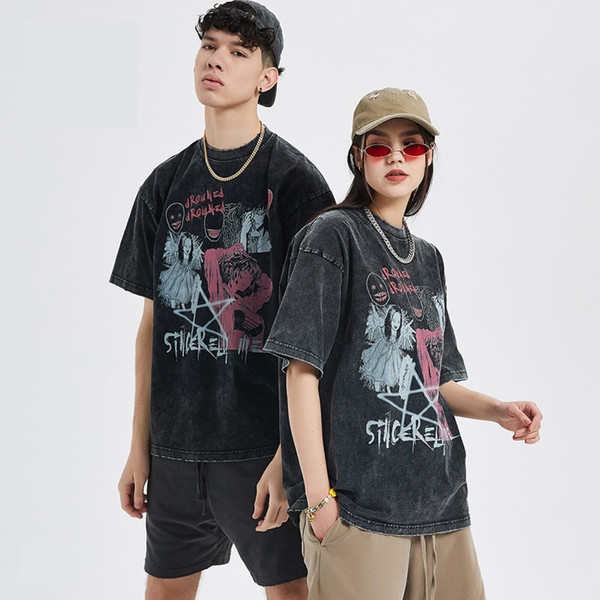 Unisex Hip Hop Streetwear Oversize T Shirt Women Man Thriller Comic Graphics T-Shirt Summer Washed Old FuJiang Anime Top Tees - 5.jpg