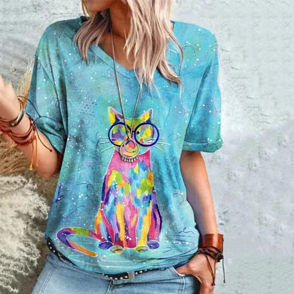 Women's T Shirt Anime Cat Graphic Girl Clothes Summer V-neck Short Sleeve Tees Female Streetwear Oversized Blouse - 3.jpg