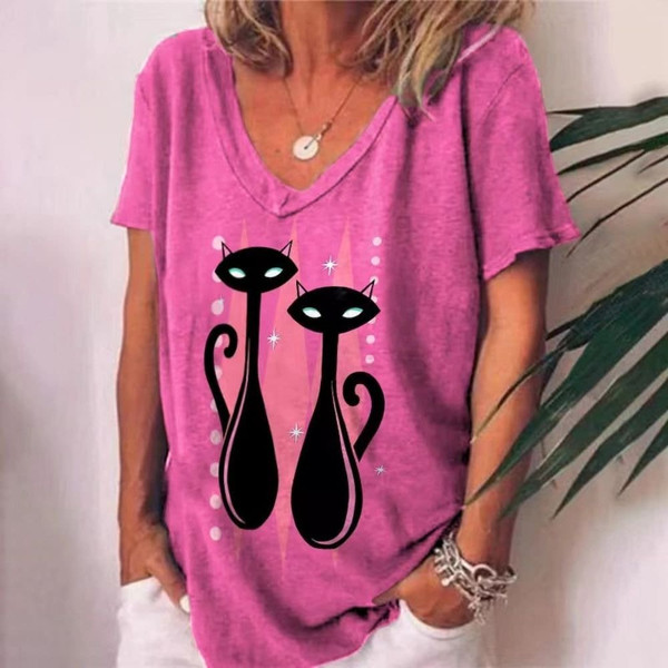 Women's T Shirt Anime Cat Graphic Girl Clothes Summer V-neck Short Sleeve Tees Female Streetwear Oversized Blouse - 6.jpg