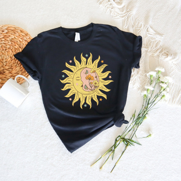 Sun Moon Stars Tee,Celestial Tee,Moon Phases Shirt,Sun Shirt,One with the Sun,Boho Shirt,Vintage Sun Tee,Mystical Tee,Moon Shirt,Bohemian - 1.jpg