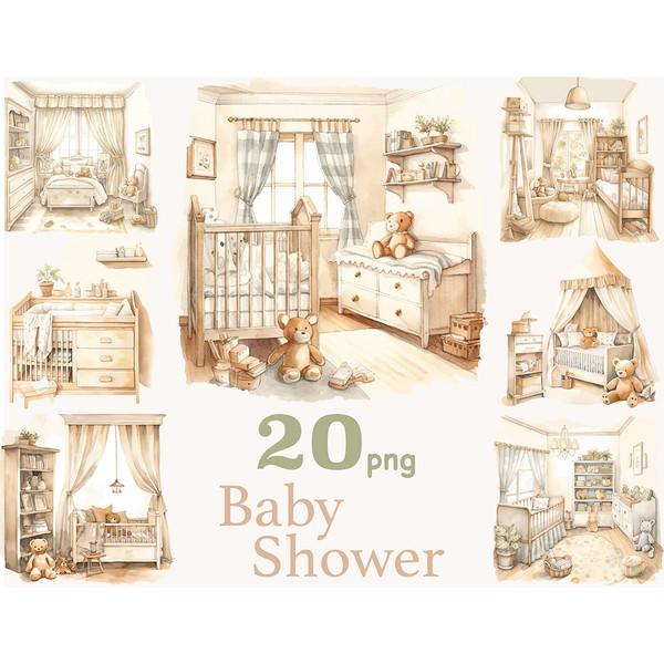 Baby Shower watercolor interiors of children's rooms in beige tones in anticipation of a baby. children's rooms with cribs, soft teddy bear toys, closets with t