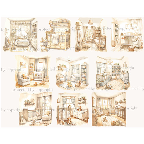 Baby Shower watercolor interiors of children's rooms in beige tones in anticipation of a baby. children's rooms with cribs, soft teddy bear toys, closets with t