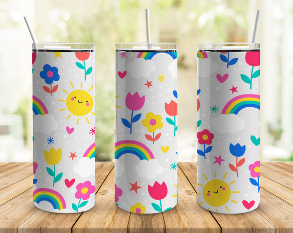 Girls Flowers And Rainbows 20oz Straight Tumbler Wrap Seamless Design PNG.jpg