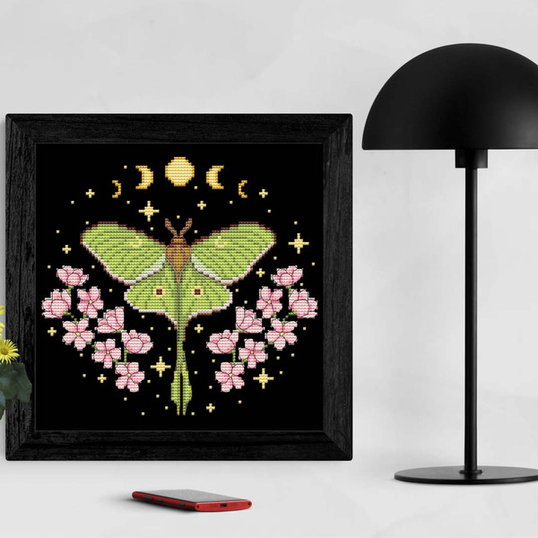 Cottagecore Luna Moth with Flowers and Celestial Moon Cross - Inspire Uplift