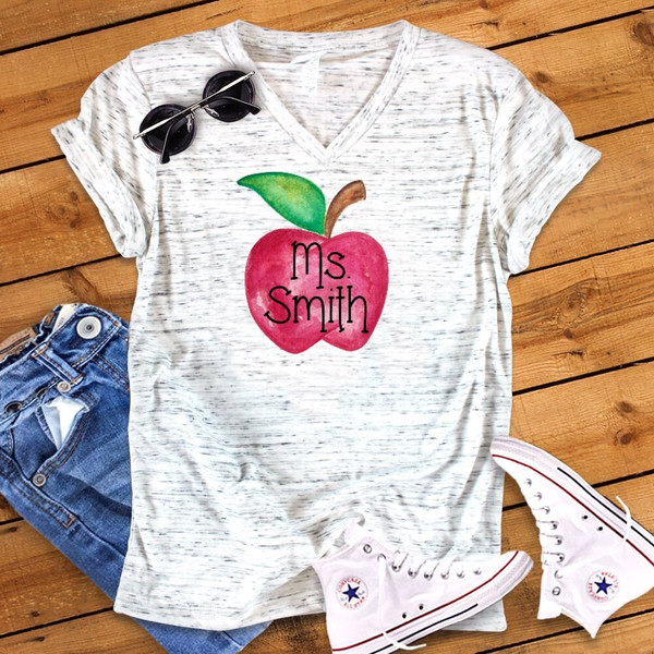Watercolor Apple Personalized Back To School Teacher Novelty Graphic Unisex V Neck Graphic Tee T-Shirt - 1.jpg
