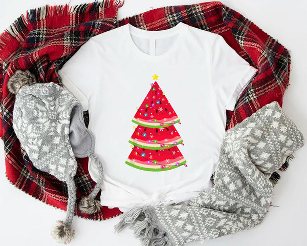 Christmas in July Watermelon Shirt, Watermelon Tropical Christmas Tree Shirt, Summer Vacation Christmas in July Shirt, Hawaiian Xmas Tshirt - 3.jpg