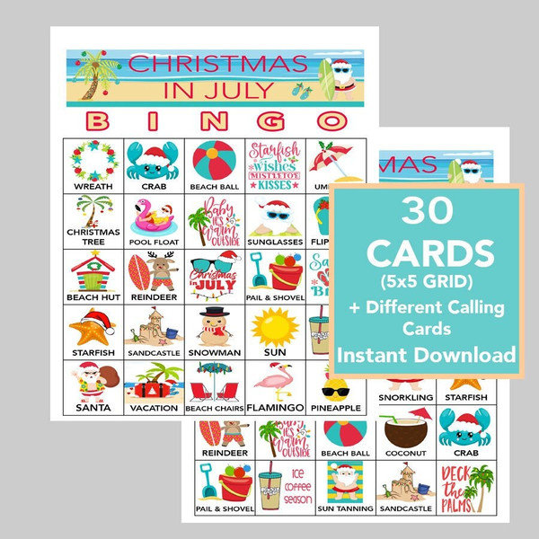 Christmas In July Game, Christmas in July Bingo, Party Game, For Adults and Kids,  Printable Games, Instant Download, 30 Different Cards - 1.jpg