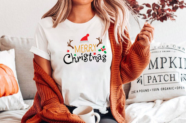 Merry Christmas Santa Hat Reindeer Shirt Cute Christmas T-shirt Christmas Tshirt Women's Christmas Shirt Holiday Christmas T shirts - 9.jpg