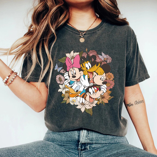 Floral Mouse and Friends Comfort Colors® Shirt, Disneyland Vacation shirt, Disney Floral Shirt, Family Vaycay Mode, Disney Matching Shirt - 2.jpg