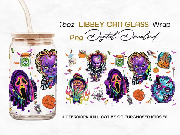 Horror png, Horror characters 16oz Libbey can Glass, Horror characters full glass can wrap, funny horror tumbler wrap, horror sublimation.jpg