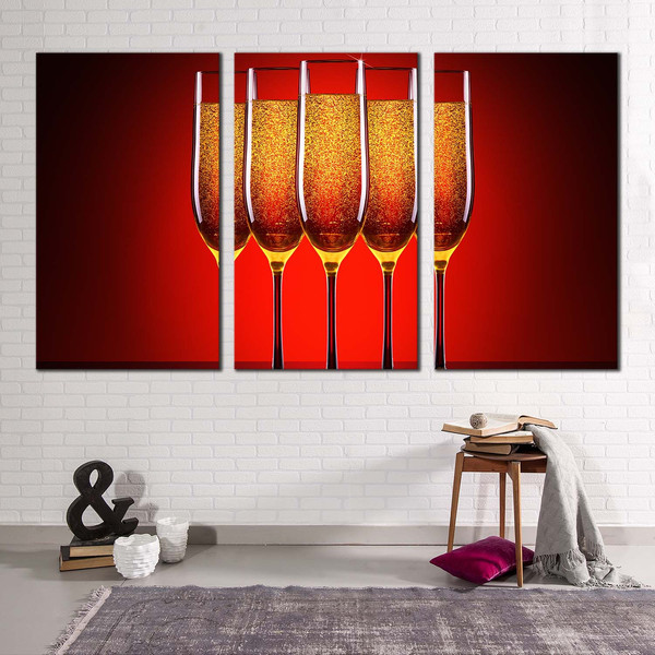 Champagne Glasses Canvas Wall Art, Champagne Celebration Canvas Set, Luxury Orange Red Champagne Glasses 3 Piece Canvas