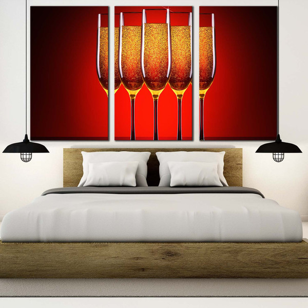 Champagne Glasses Canvas Wall Art, Champagne Celebration Canvas Set, Luxury Orange Red Champagne Glasses 3 Piece Canvas