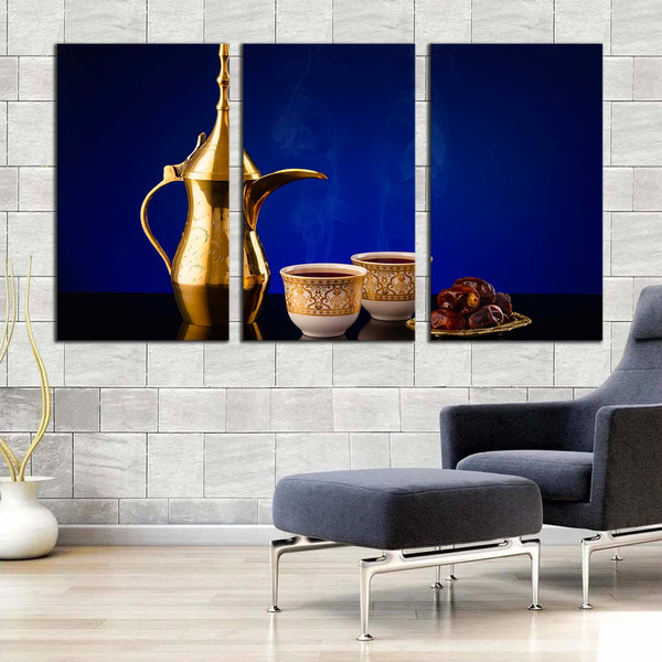 Arabian Coffee Canvas Print, Golden Teapot Coffee Scene 3 Piece Canvas Wall Art, White Coffee Cups Triptych Canvas Set