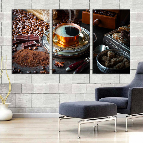 Coffee Scene Canvas Print, Morning Black Coffee 3 Piece Canvas Set, Brown Coffee Beans Canvas Wall Art