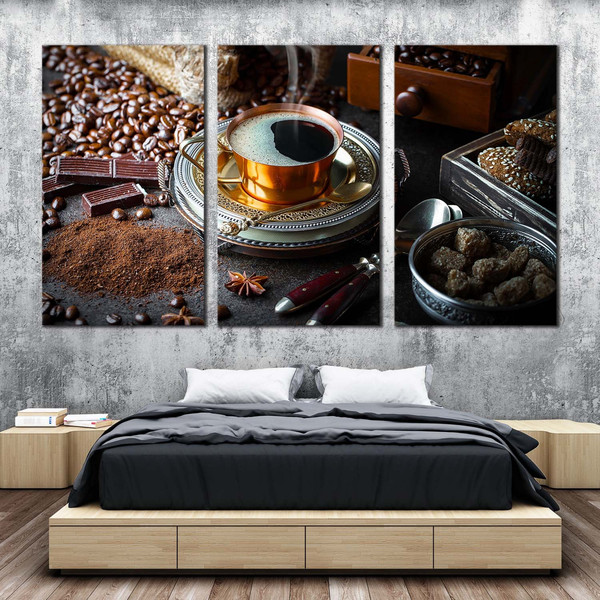 Coffee Scene Canvas Print, Morning Black Coffee 3 Piece Canvas Set, Brown Coffee Beans Canvas Wall Art