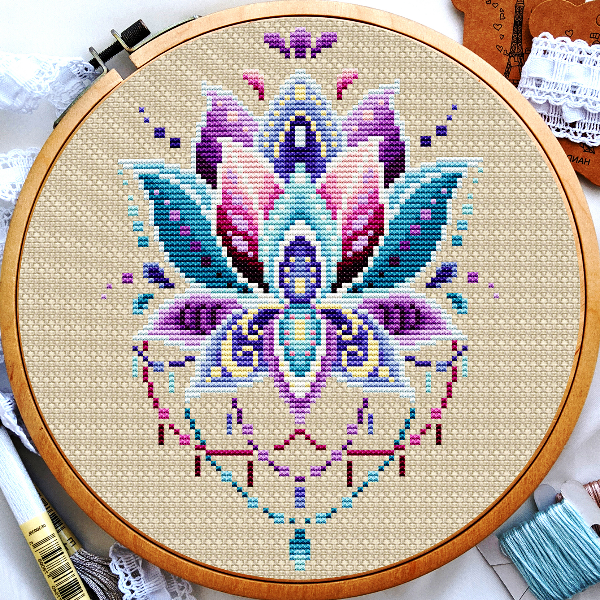 Mandala flower lotus cross stitch, Cross stitch pattern flowers, Rainbow cross stitch, Beginner cross stitching, Digital download PDF.jpg