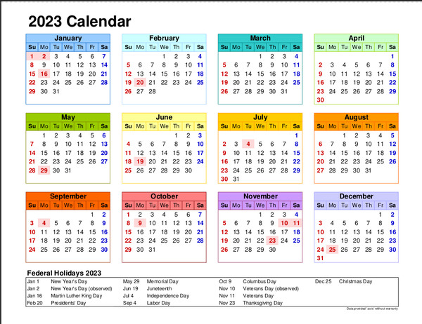 2023 Color Calendar Printable Landscape, Monthly Calendar Fe - Inspire 