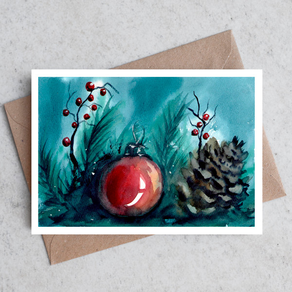 Winter 13 Original watercolor painting postcard new year  Christmas tree branch spruce cone Christmas toys_2.jpg