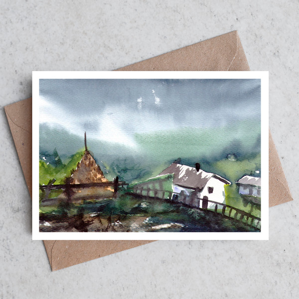 Landscape 6 Miniature  Original watercolor painting postcard  A5  birthday house haystack village brown blue green_2.jpg