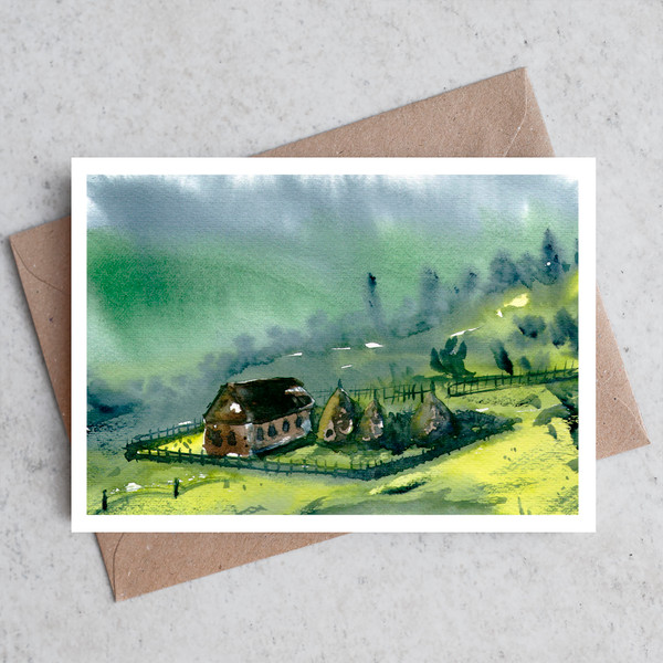 Landscape 7 Miniature  Original watercolor painting postcard  A5  birthday house haystack village brown green yellow_2.jpg