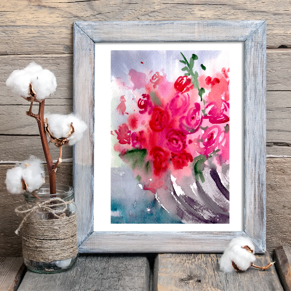 Flowers 6 Miniature Original watercolor painting postcard A5  flowers bouquet birthday rose vase red pink_1.jpg