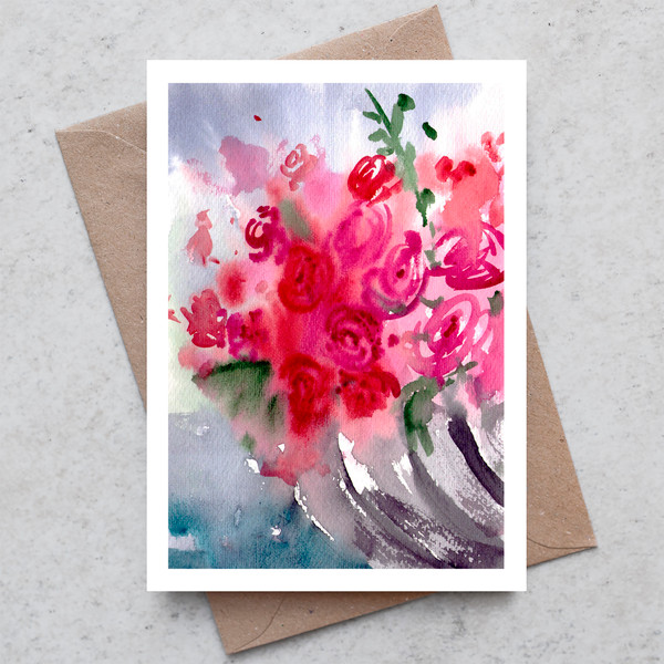 Flowers 6 Miniature Original watercolor painting postcard A5  flowers bouquet birthday rose vase red pink_2.jpg