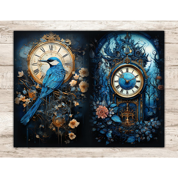 Watercolor Antique Vintage Clock and Birds with Flowers Junk Journal Pages. On the left is a gold watch with Roman numerals on the dial, a blue bird and beige f