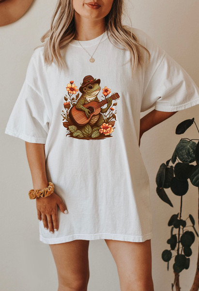 Frog Playing Guitar Tshirt, Floral Graphic Tee, Frog with Hat Sweatshirt, Animals Playing Music Shirts, Cottagecore Tops, Forestcore Tshirts - 1.jpg