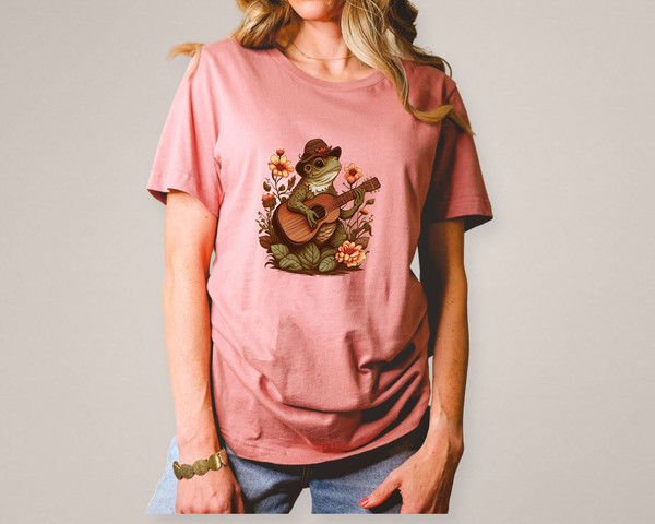 Frog Playing Guitar Tshirt, Floral Graphic Tee, Frog with Hat Sweatshirt, Animals Playing Music Shirts, Cottagecore Tops, Forestcore Tshirts - 2.jpg