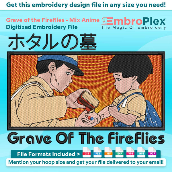 Anime-Inspired Grave of the Fireflies Embroidery Design File main image - This anime embroidery designs files featuring Grave of the Fireflies from Mix Anime . 