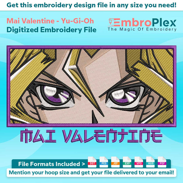 Anime-Inspired Mai Valentine Embroidery Design File main image - This anime embroidery designs files featuring Mai Valentine from Yu-Gi-Oh. Digital download in 