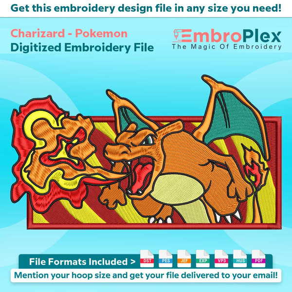 Anime-Inspired Charizard Embroidery Design File main image - This anime embroidery designs files featuring Charizard from Pokemon. Digital download in DST & PES