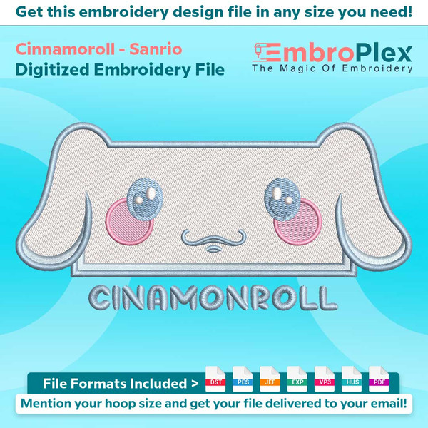 Cartoon-Inspired Cinnamoroll Embroidery Design File main image - This anime embroidery designs files featuring Cinnamoroll from Sanrio. Digital download in DST 