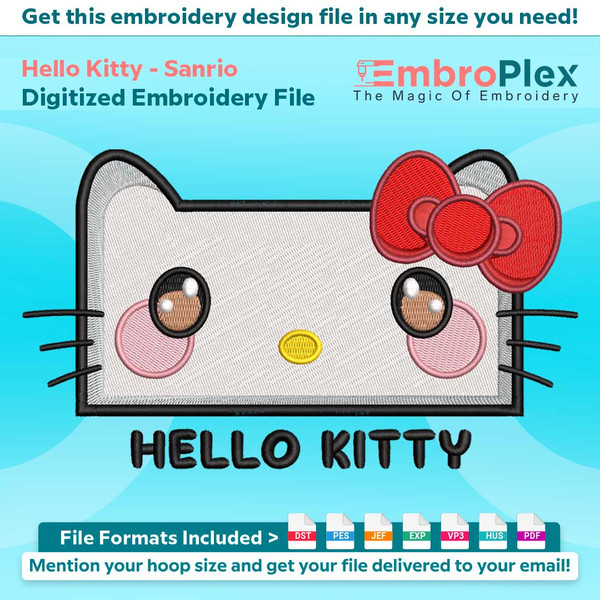 Cartoon-Inspired Hello Kitty Embroidery Design File main image - This anime embroidery designs files featuring Hello Kitty from Sanrio. Digital download in DST 