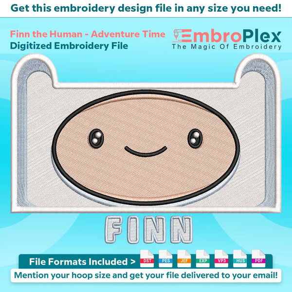 Cartoon-Inspired Finn the Human Embroidery Design File main image - This anime embroidery designs files featuring Finn the Human from Adventure Time. Digital do