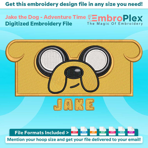 Anime-Inspired Jake the Dog Embroidery Design File main image - This anime embroidery designs files featuring Jake the Dog from Adventure Time. Digital download