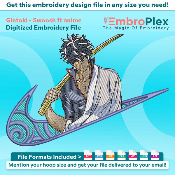 Swoosh-Inspired Gintoki Embroidery Design File main image - This Swoosh embroidery designs files featuring Gintoki from Swoosh. Digital download in DST & PES fo