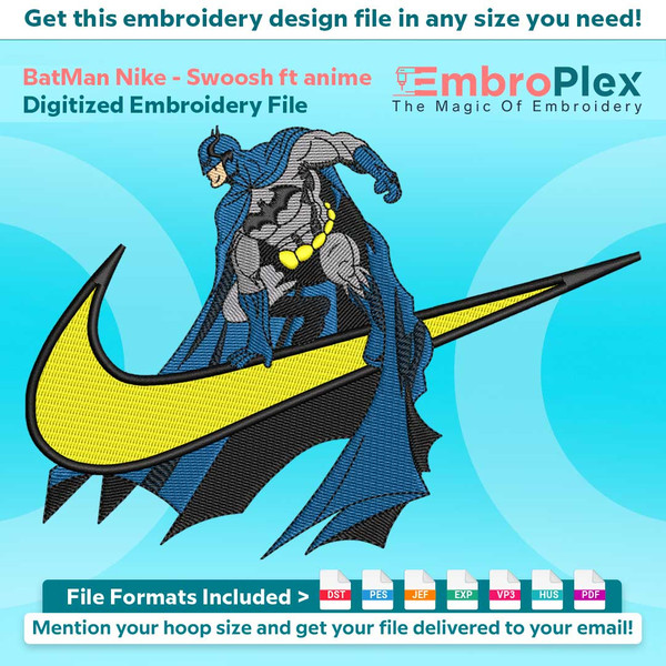 Swoosh-Inspired BatMan Embroidery Design File main image - This Swoosh embroidery designs files featuring BatMan from Swoosh. Digital download in DST & PES form