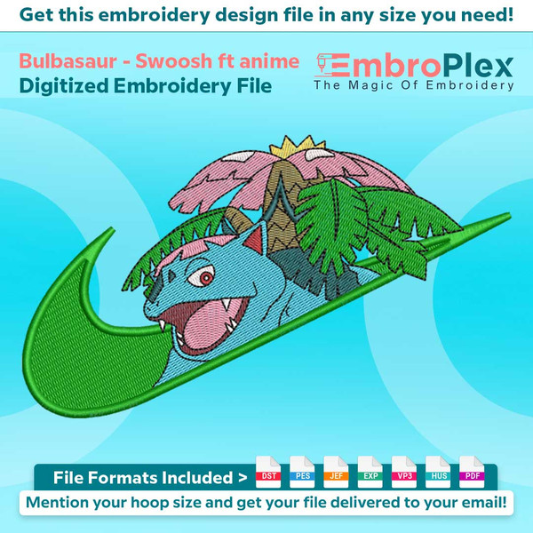 Swoosh-Inspired Bulbasaur Embroidery Design File main image - This Swoosh embroidery designs files featuring Bulbasaur from Swoosh. Digital download in DST & PE