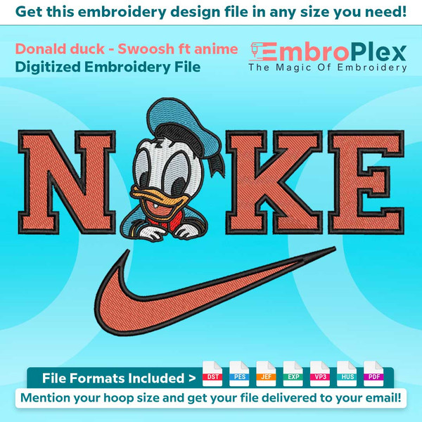 Swoosh-Inspired Donald duck Embroidery Design File main image - This Swoosh embroidery designs files featuring Donald duck from Swoosh. Digital download in DST 