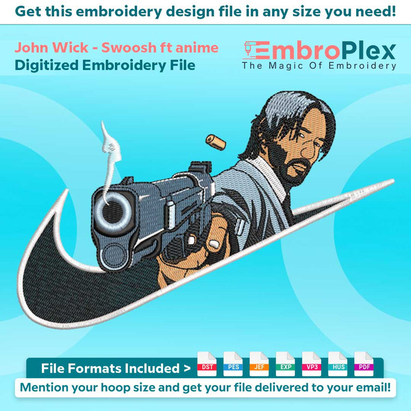 Swoosh-Inspired John Wick Embroidery Design File main image - This Swoosh embroidery designs files featuring John Wick from Swoosh. Digital download in DST & PE