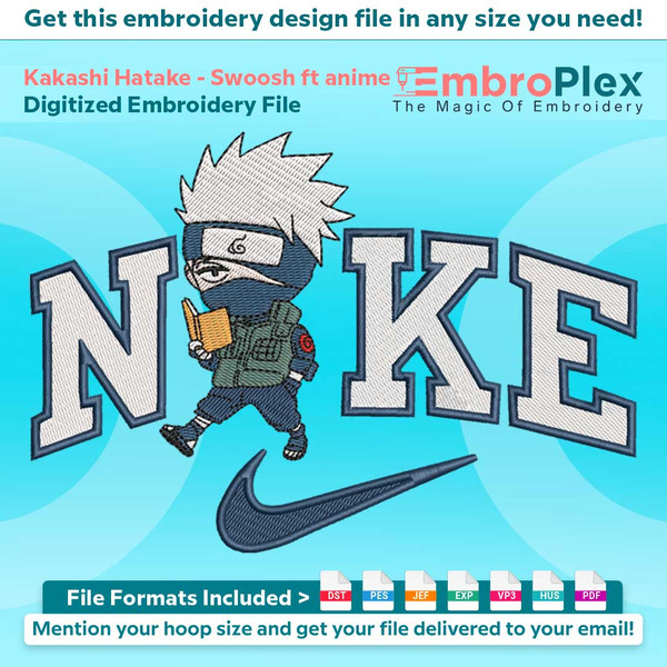 Swoosh-Inspired Kakashi Hatake Embroidery Design File main image - This Swoosh embroidery designs files featuring Kakashi Hatake from Swoosh. Digital download i