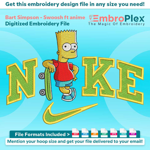 Swoosh-Inspired Bart Simpson Embroidery Design File main image - This Swoosh embroidery designs files featuring Bart Simpson from Swoosh. Digital download in DS