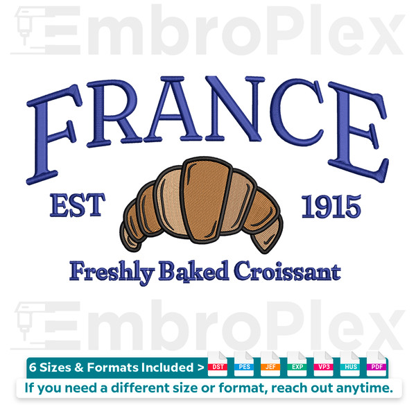 France logo and Croissant Embroidery Design File main image- This embroidery designs files featuring France logo and Croissant from Cities and Countries. Digita