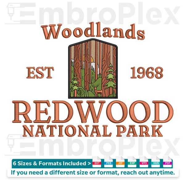 Redwood National park Embroidery Design File main image - This embroidery designs files featuring Redwood National park from Cities and Countries. Digital downl